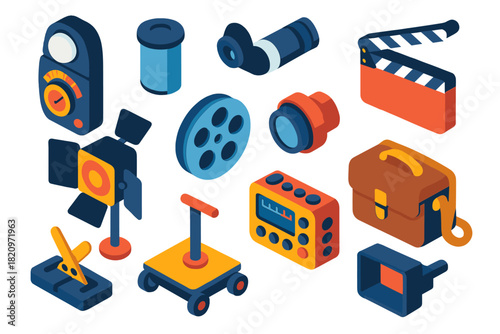 Analog Film Essentials. Isometric vector illustration set Analog Film: retro light meter, metal film canister, director’s
