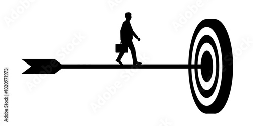 Businessman Walking toward Target Silhouette. Goal Achievement and Success Business Concept.   