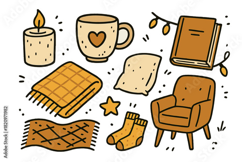 Drawing of a cozy living room with a variety of items including a book, a cup