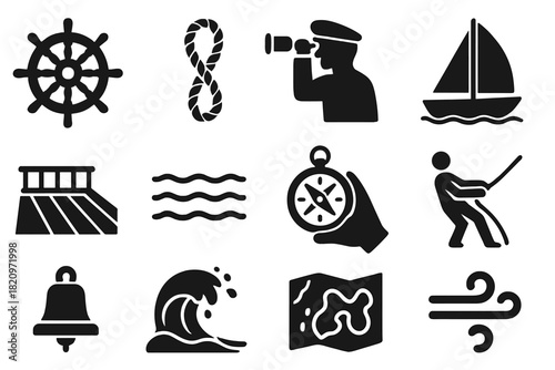 Seafaring Life Icons. Solid style icons of Seafaring Life: sailor’s wheel, rope loop, lookout pose, rigged sail, deck view, calm