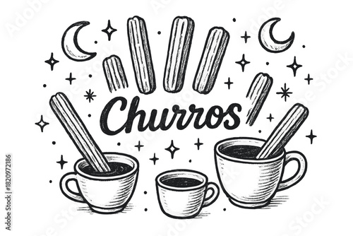 Drawing of a cup of coffee and a cup of churros with a black