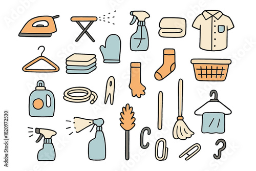 Collection of various household items, including a mop, a broom