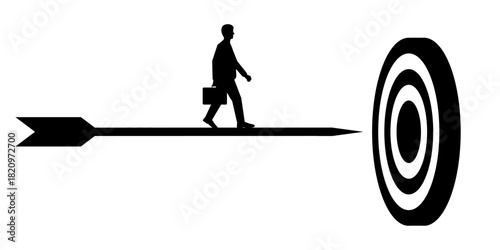 Businessman Walking toward Target Silhouette. Goal Achievement and Success Business Concept.   