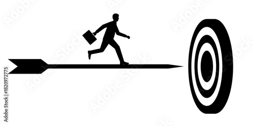 Businessman Running toward Target Silhouette. Goal Achievement and Success Business Concept.   