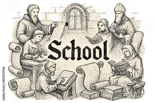 Group of monks are sitting around a table with books and a scroll