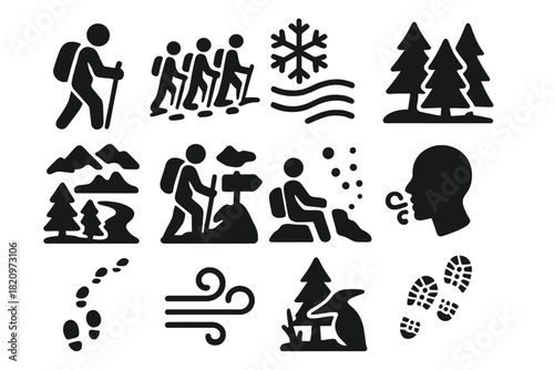 Winter Trek Adventures. Solid style icons of Snow Trekking Experience: solo hiker, group trail, morning frost, pine glade, scenic