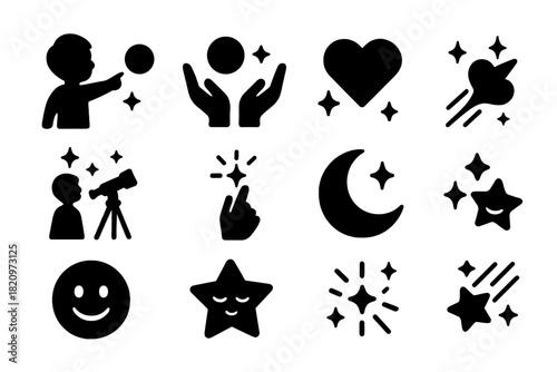 Night Wish Icons. Solid style icons of Night Wishes: child pointing, floating glow, hopeful hands, shooting heart, stargaze