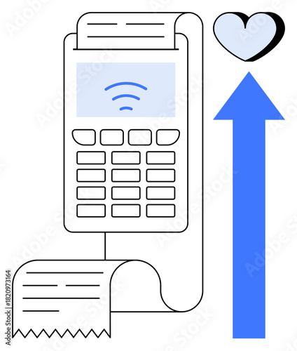 Contactless payment terminal with receipt, heart icon, and upward arrow. Ideal for finance, technology, retail, customer loyalty, e-commerce donation innovation. Simple flat metaphor