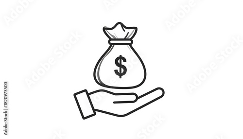 A simple line drawing of a hand holding a money sack with a dollar sign on it