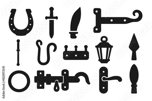 Traditional Forged Icons. Solid style icons of Traditional forged items: horseshoe, sword, knife blade, gate hinge, fireplace