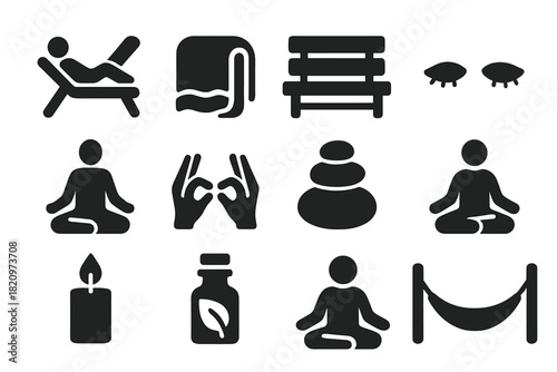 Relaxation Icon Set. Solid style icons of Relaxation: reclining figure, folded towel, wooden bench, closed eyes, lotus position,