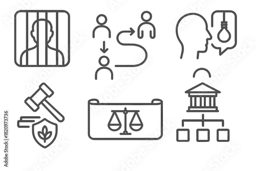 Punishment System Icons. Line style icons of Punishment Systems and Critiques: incarceration icon, restorative justice path, death