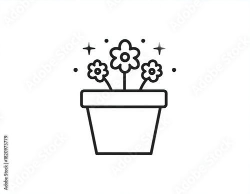 A simple line drawing shows three flowers in a pot, surrounded by little stars/sparkles on a white background