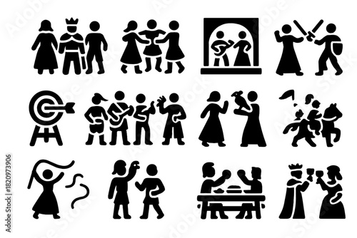 Festival Activities Icons. Solid style icons of Festival Activities: costume contest, dance circle, stage duel, archery target,