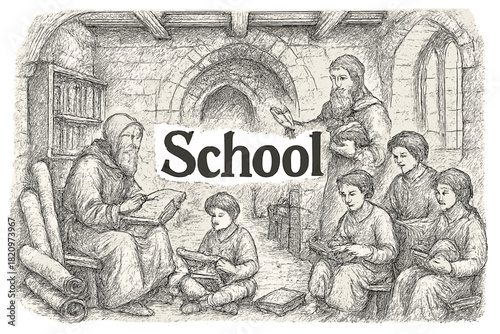 Drawing of a group of people sitting around a fireplace with the word "school"