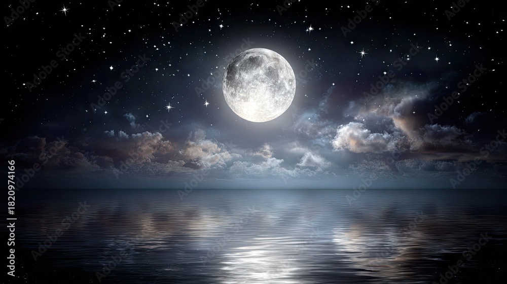 Fototapeta premium A serene nocturnal seascape with a full moon.