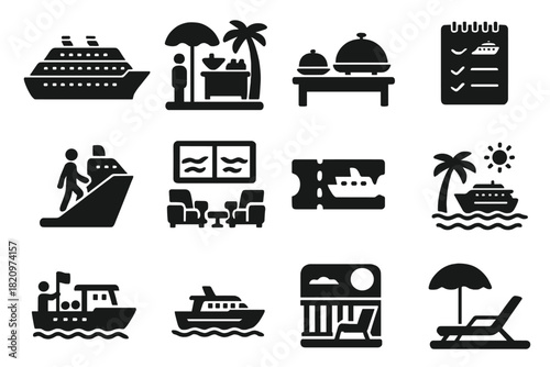 Cruise Ship Icons. Solid style icons of cruise and tourism ships: large cruise liner, entertainment deck, onboard buffet icon,