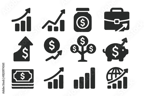 Financial Growth Icons. Solid style icons of Financial growth: bar chart, upward graph, savings jar, portfolio case, profit arrow,