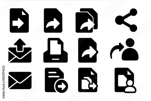 File Transfer Icons. Solid style icons of file sending: document with arrow, sending paper, file transfer arrow, share icon with