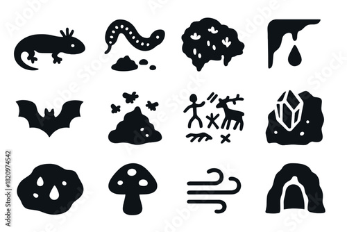 Cave Life Icons. Solid style icons of hidden cave life: Blind salamander, bioluminescent worm, moss patch, dripping water, bat