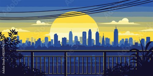 sunset in the city with blue and yellow color