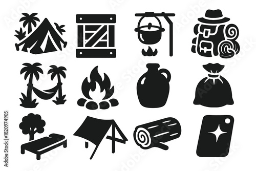 Expedition Camp Icons. Solid style icons of Expedition Camp: jungle tent, supply crate, cooking pot, gear pile, hammock, fire ring