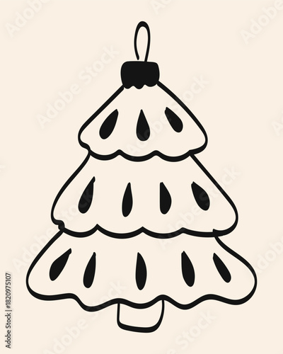 Decorative black and white illustration of a whimsical Christmas tree with layered branches and raindrop patterns
