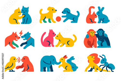 Animal Interaction Icons. Flat vector icons of animal interaction types: grooming, play, feeding, aggression, mating, alliance,