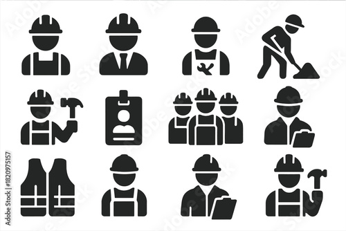 Construction Worker Icons. Solid style icons of Workers: construction worker, engineer with helmet, mechanic icon, worker with