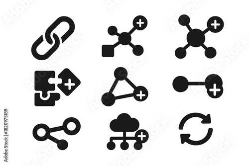 Inclusion and Connection Icons. Solid style icons of inclusion and connection: chain link with plus, network add, include node