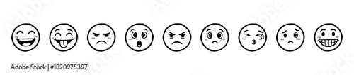 A set of expressive face icons showing emotions like joy, sadness, anger, surprise, and playfulness. Great for mood, feedback, or emotional design.
