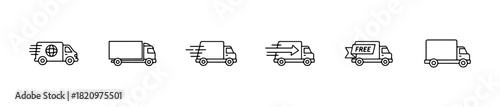 A set of delivery truck icons with motion lines, arrows, and banners. Great for shipping, logistics, or e-commerce visuals.