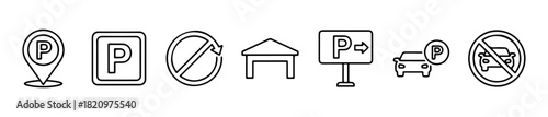 A set of parking-related icons including location pins, signs, garages, and restrictions. Ideal for transport or urban design visuals.