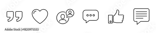 A set of social interaction icons including quotes, likes, profiles, comments, and messaging. Ideal feedback, or engagement visuals.