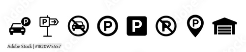A set of parking-related icons including location pins, signs, garages, and restrictions. Ideal for transport or urban design visuals.
