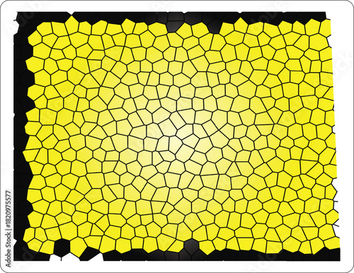 An abstract geometric texture featuring irregular yellow polygonal shapes with distinct black outlines. This cellular Voronoi design resembles biological cells, a stylized honeycomb, or reptile skin s