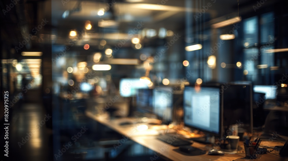 Fototapeta premium Blurred office interior with glowing lights and computer monitors at night.