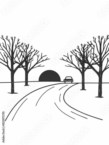 Minimalist a sketch of a car driving on a road towards a tunnel with trees on either side in black and white style vector