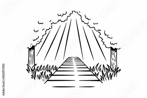 Minimalist a pathway with light shining through trees and clouds in a black and white illustration style image vector