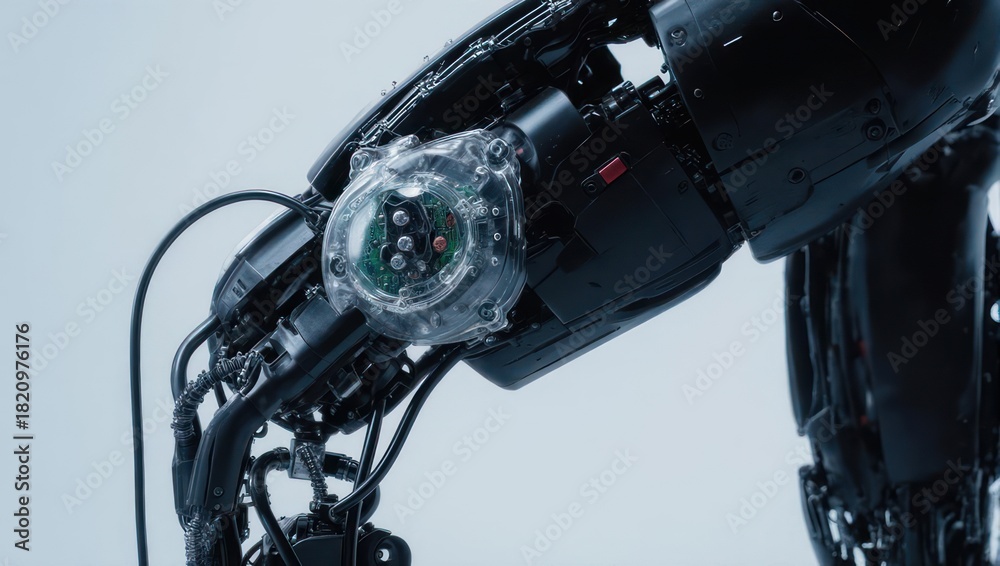 Fototapeta premium Close-up of a robotic arm with a clear, spherical sensor.