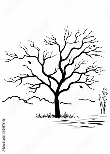 Minimalist a leafless tree with branches and a few leaves near water and grass in a black and white drawing vector