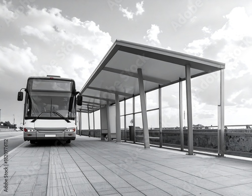 A bus awaits at a sheltered bus stop, rendered in grayscale under a cloudy sky and along a paved road