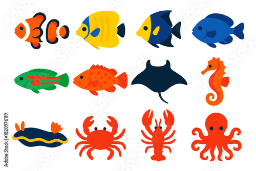 Vibrant Reef Icons. Flat vector icons of Reef Biodiversity: clownfish, butterflyfish, angelfish, damselfish, wrasse, grouper,