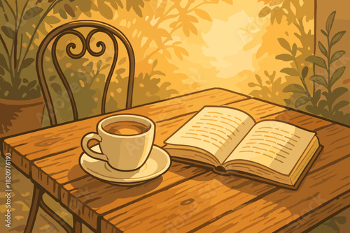 Wooden table with a book and a cup of coffee