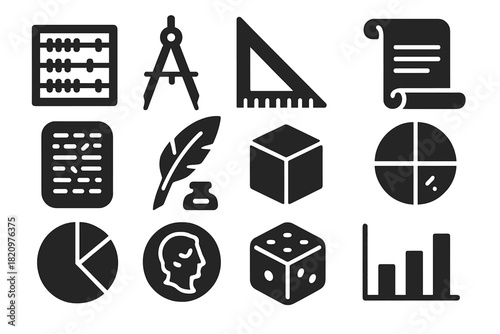 Ancient Mathematical Icons. Solid style icons of ancient mathematical tools: abacus, compass, ruler, scroll, tablet, quill, cube,