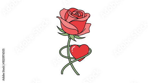 A pink and red rose with a green stem wrapped around a red heart