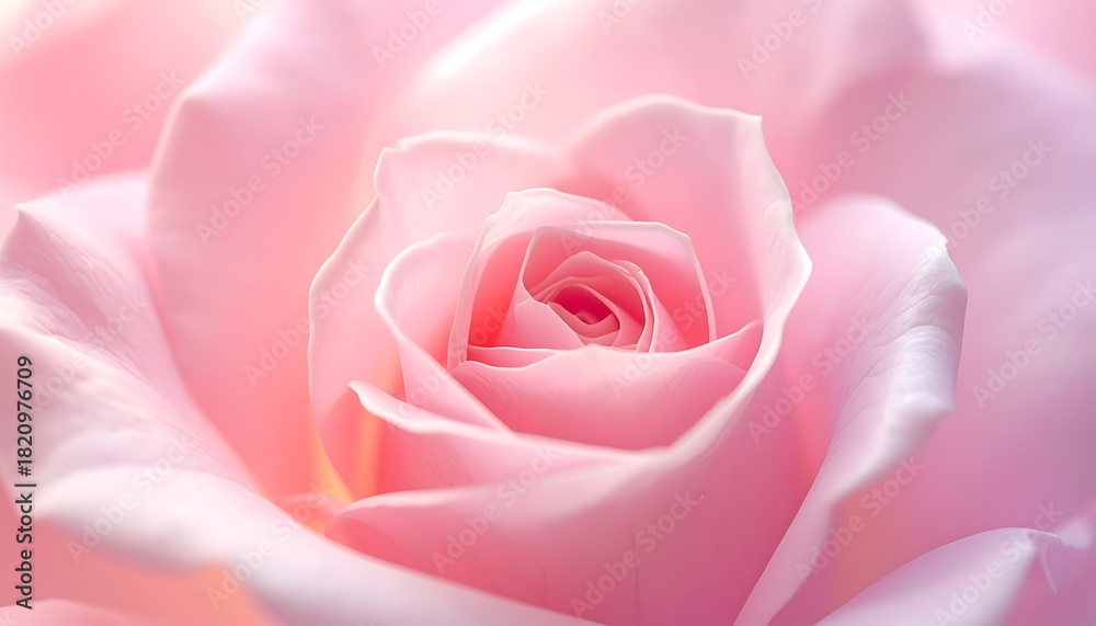Obraz premium Close-up of a delicate pink rose with soft, velvety petals, showcasing its intricate spiral center.