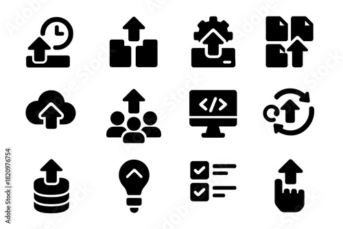 Automation Upload Icons. Solid style icons of automation and batch uploads: scheduled upload, mass file upload, auto-upload icon,
