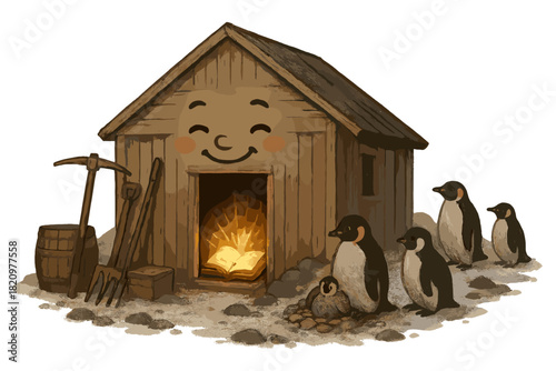 Antarctic Historic Haven. Historic hut with old tools smiling, explorers’ journals glowing, and penguins nesting nearby No text,