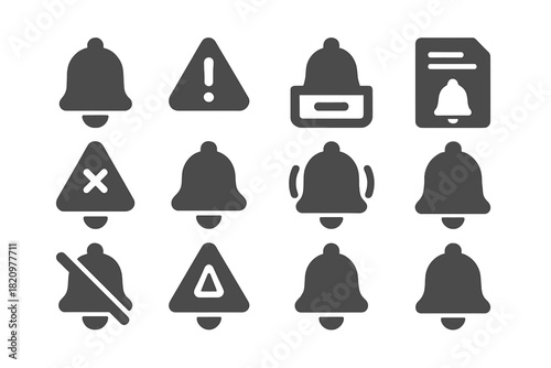 Notification Icon Styles. Solid style icons of missed or archived notifications: faded bell, missed alert icon, archived